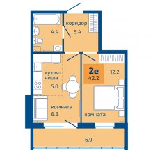 2-комн. евро квартира в ЖК Патриот, 42.20 м²
