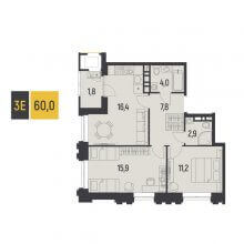 3-комн. евро квартира в ЖК Новатор, 60.00 м²