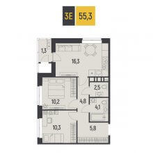 3-комн. евро квартира в ЖК Новатор, 55.30 м²