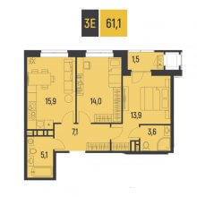 3-комн. евро квартира в ЖК Новатор, 61.10 м²