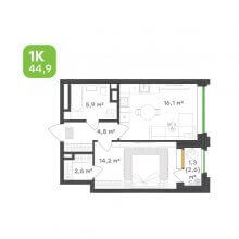 1-комн. квартира в ЖК Городские кварталы Талан, 44.90 м²