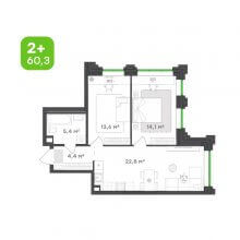 3-комн. евро квартира в ЖК Городские кварталы Талан, 60.30 м²