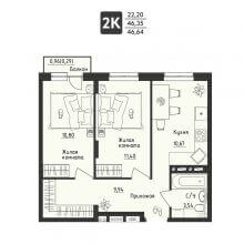 2-комн. квартира в ЖК Настроение, 46.64 м²