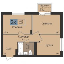 2-комн. квартира в ЖК Альфа дом на Оборонщиков, 6, 44.60 м²