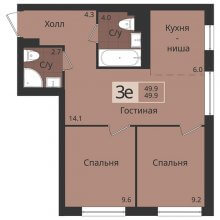 3-комн. евро квартира в ЖК Альфа дом на Оборонщиков, 6, 49.90 м²