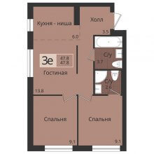 3-комн. евро квартира в ЖК Альфа дом на Оборонщиков, 6, 47.80 м²