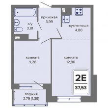 2-комн. евро квартира в ЖК Начало, 37.53 м²
