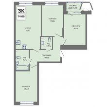 3-комн. квартира в ЖК Начало, 74.05 м²
