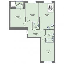 3-комн. квартира в ЖК Начало, 74.77 м²
