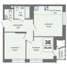 3-комн. евро квартира в ЖК Начало, 50.99 м²
