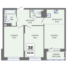 3-комн. евро квартира в ЖК Начало, 58.50 м²