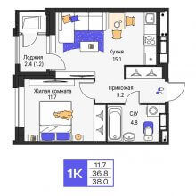 1-комн. квартира в ЖК Моменты, 38.00 м²