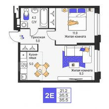 2-комн. евро квартира в ЖК Моменты, 35.50 м²