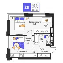 2-комн. евро квартира в ЖК Моменты, 38.60 м²