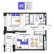 2-комн. евро квартира в ЖК Моменты, 38.20 м²