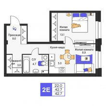 2-комн. евро квартира в ЖК Моменты, 42.70 м²