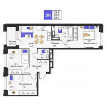 3-комн. квартира в ЖК Моменты, 68.40 м²