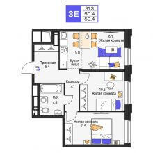 3-комн. евро квартира в ЖК Моменты, 50.40 м²