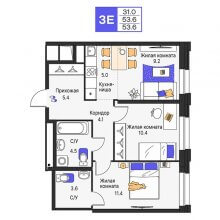 3-комн. евро квартира в ЖК Моменты, 53.60 м²