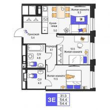 3-комн. евро квартира в ЖК Моменты, 54.40 м²