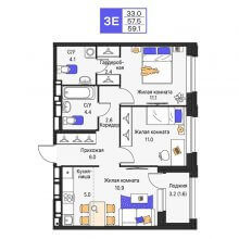 3-комн. евро квартира в ЖК Моменты, 59.10 м²