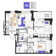 3-комн. евро квартира в ЖК Моменты, 59.40 м²