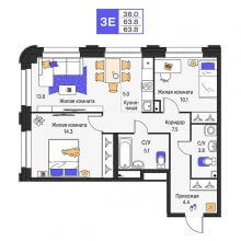 3-комн. евро квартира в ЖК Моменты, 63.80 м²