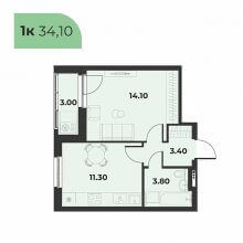 1-комн. квартира в ЖК Сезоны, 34.10 м²