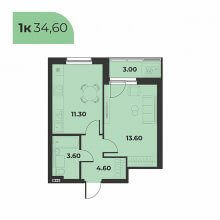 1-комн. квартира в ЖК Сезоны, 34.60 м²
