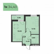 1-комн. квартира в ЖК Сезоны, 34.40 м²