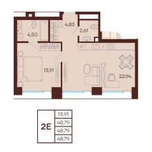 2-комн. евро квартира в ЖК Манеры, 48.79 м²