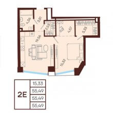 2-комн. евро квартира в ЖК Манеры, 55.49 м²
