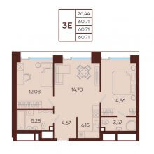 3-комн. евро квартира в ЖК Манеры, 60.71 м²