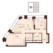 3-комн. евро квартира в ЖК Манеры, 63.51 м²