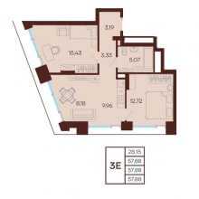 3-комн. евро квартира в ЖК Манеры, 57.88 м²