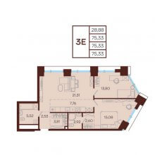 3-комн. евро квартира в ЖК Манеры, 75.33 м²