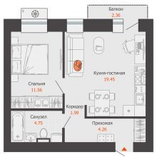 2-комн. евро квартира в ЖК Пятый элемент, 42.72 м²