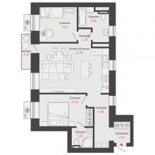 3-комн. евро квартира в ЖК Пятый элемент, 64.07 м²