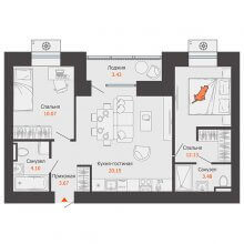 3-комн. евро квартира в ЖК Пятый элемент, 55.32 м²