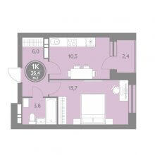 1-комн. квартира в ЖК Спутник, 36.40 м²