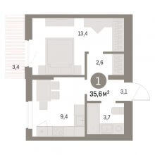 1-комн. квартира в ЖК Брусника на Куйбышева, 143, 35.60 м²