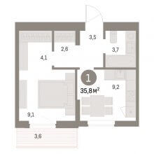 1-комн. квартира в ЖК Брусника на Куйбышева, 143, 35.80 м²