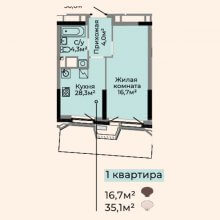 1-комн. квартира в ЖК Жемчужина Камы, 35.10 м²