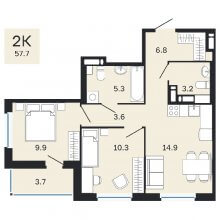 2-комн. квартира в ЖК Молодость, 57.70 м²