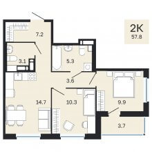 2-комн. квартира в ЖК Молодость, 57.80 м²