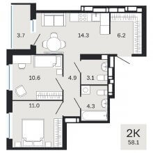 2-комн. квартира в ЖК Молодость, 59.20 м²