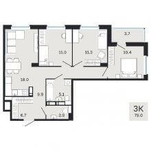 3-комн. квартира в ЖК Молодость, 79.00 м²