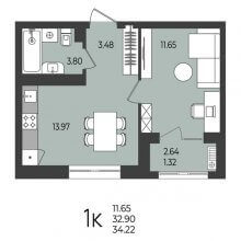 1-комн. квартира в ЖК Перемены, 34.22 м²