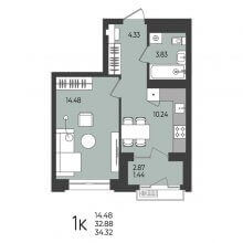 1-комн. квартира в ЖК Перемены, 34.22 м²