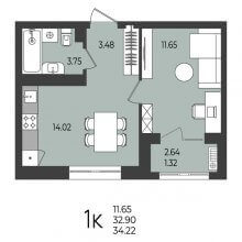 1-комн. квартира в ЖК Перемены, 34.22 м²